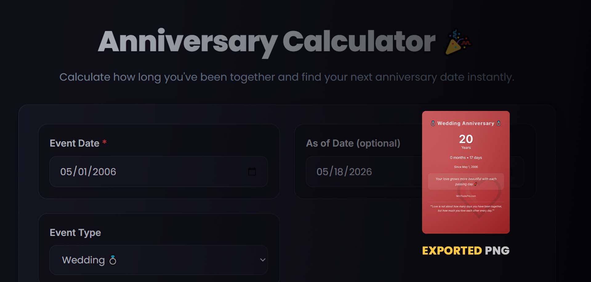 Wedding anniversary gifts by year chart showing traditional gifts from 1st paper to 60th diamond with anniversary calculator tool
