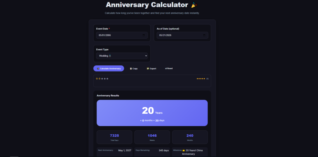 Anniversary calculator tool