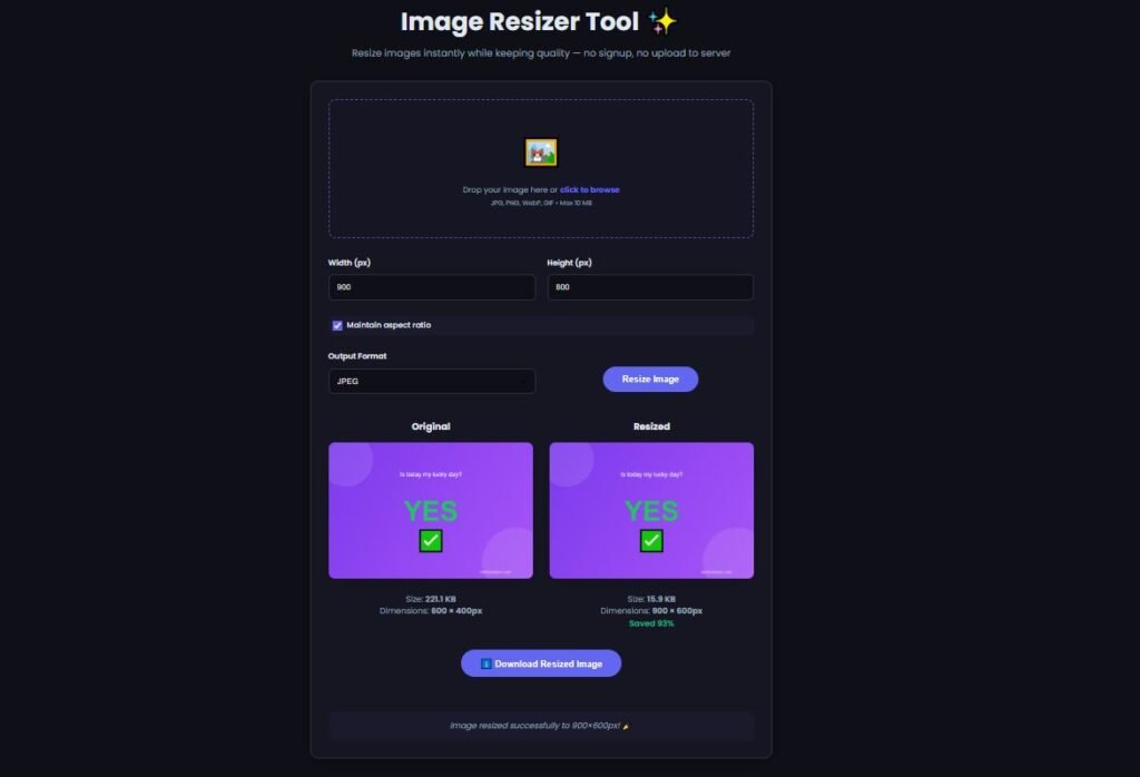 Screenshot of the image size reducer tool showing quality slider and file size comparison before and after compression