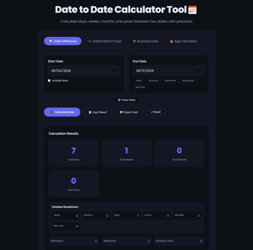 MiniToolsPro date to date calculator demo showing start date end date inputs with calculate button and 45 days result display
