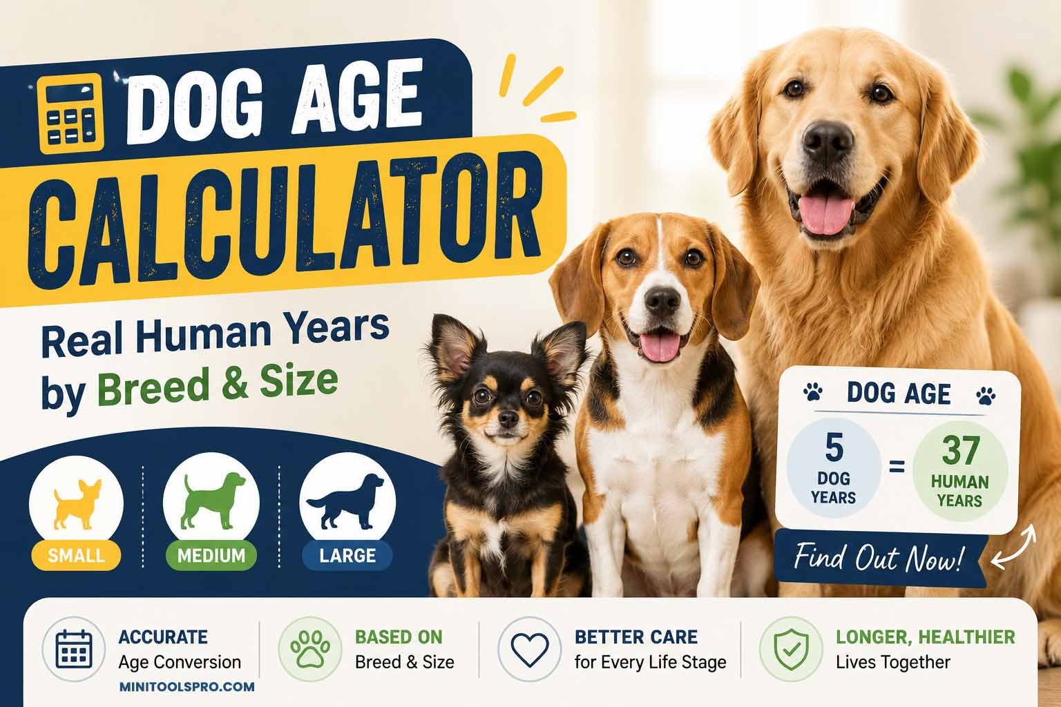 Dog age calculator chart showing small medium large and giant breeds with human year equivalents from 1 to 16 dog years