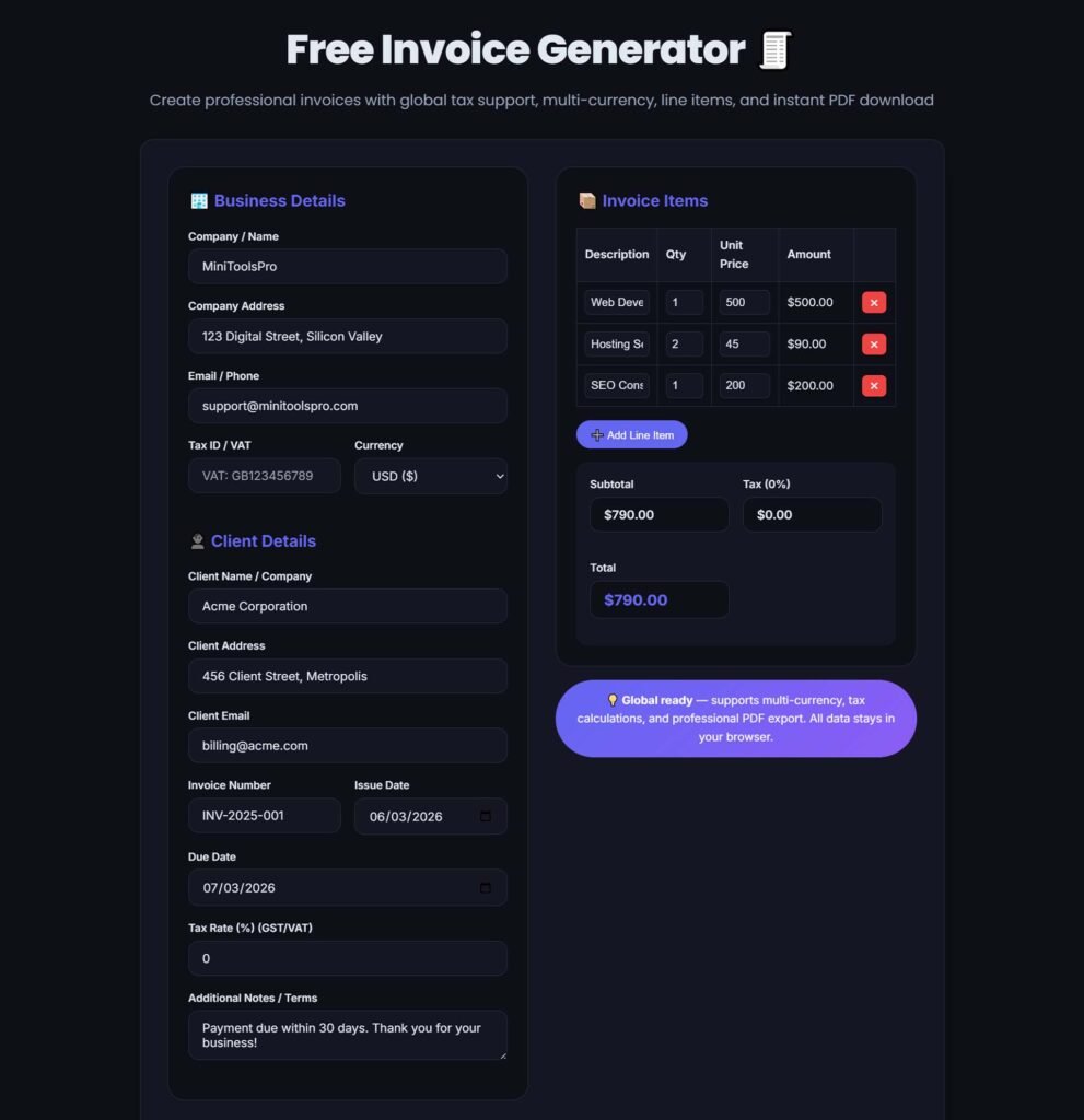Screenshot of MiniToolsPro invoice generator showing filled line items, tax calculation, and PDF preview