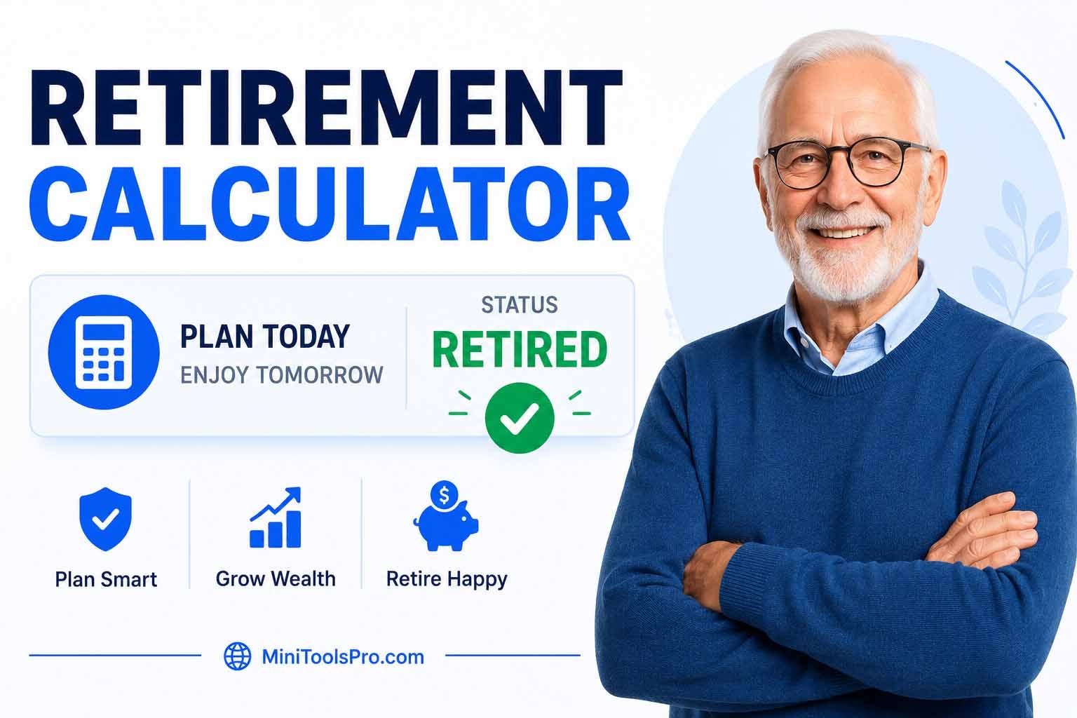 Retirement Calculator tool showing a happy retired man, retirement planning, wealth growth, and retirement readiness.