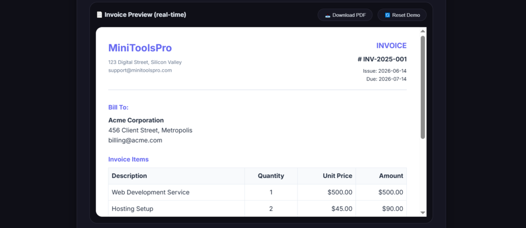 Screenshot of MiniToolsPro invoice generator showing filled line items, tax calculation, and PDF preview