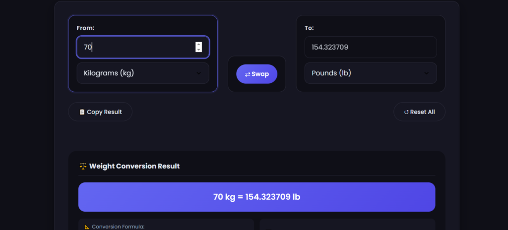 Screenshot of MiniToolsPro weight converter converting 70 kg to pounds and stones