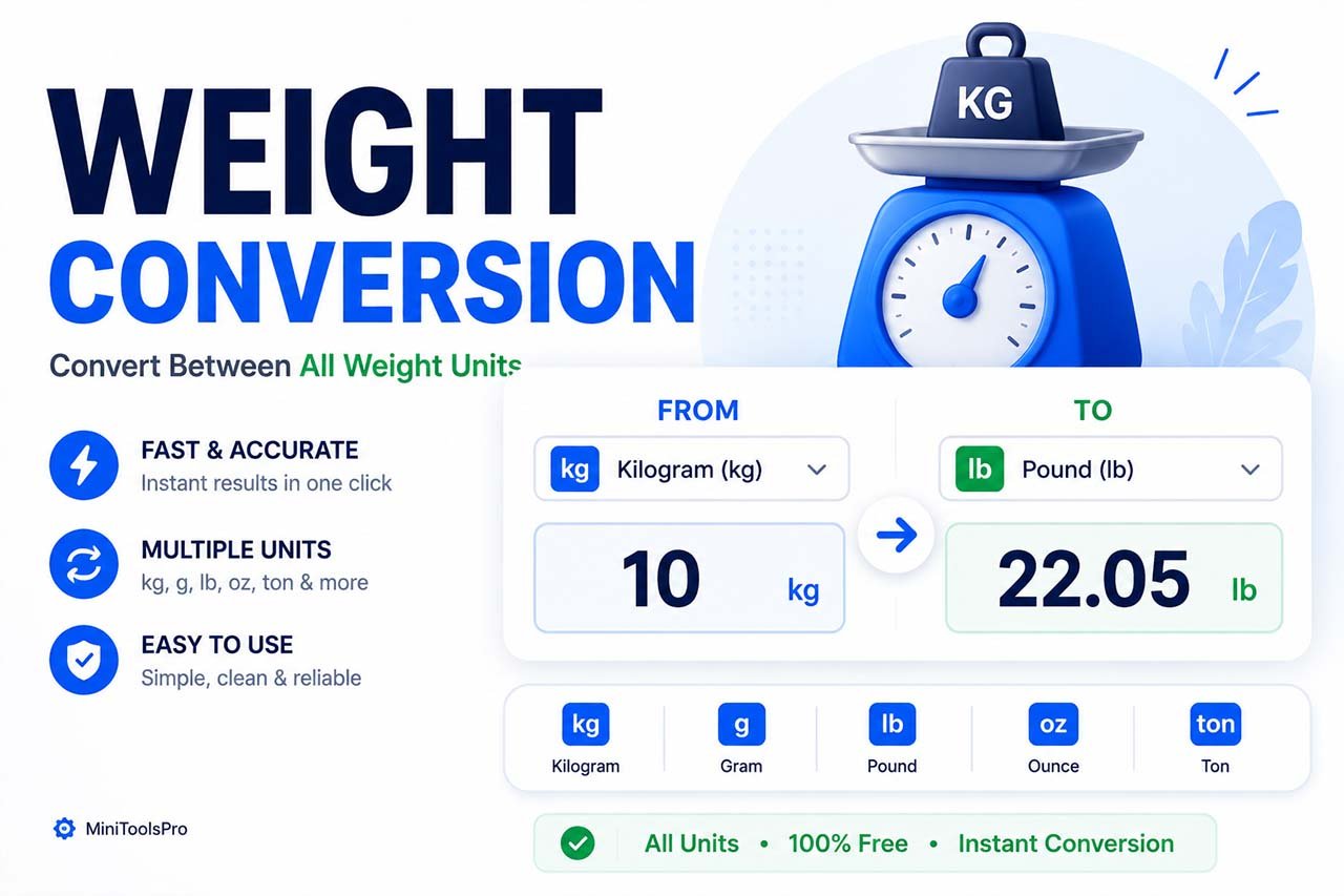 MiniToolsPro weight converter tool interface showing kg to lbs conversion