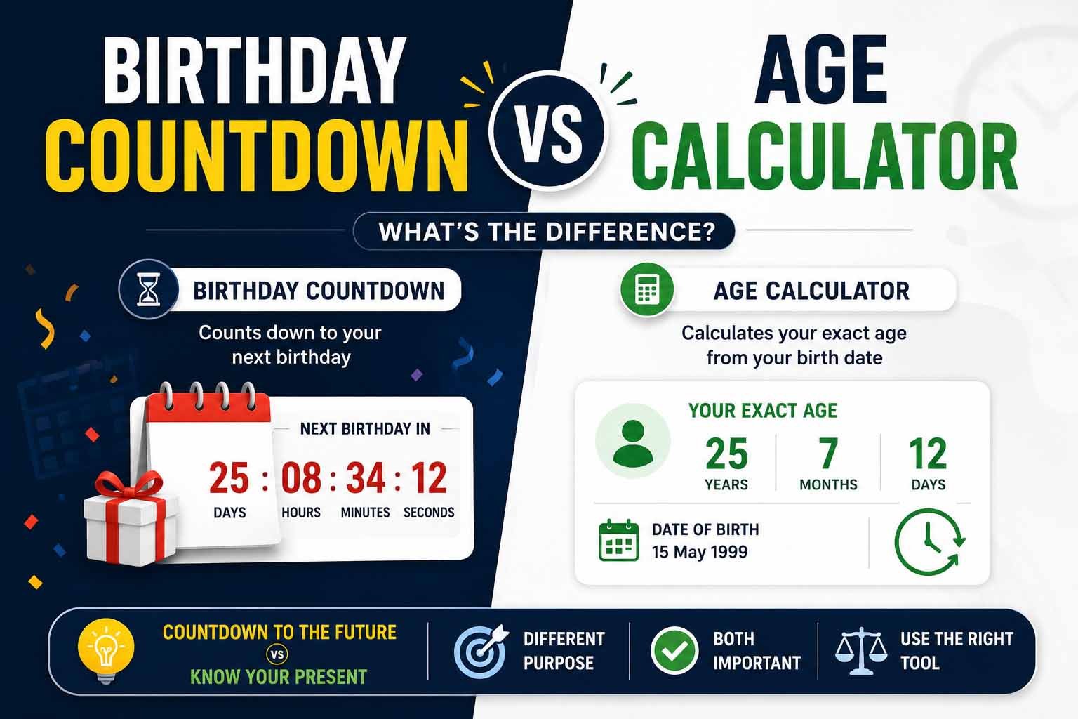 Birthday countdown vs age calculator split screen comparison showing days remaining and chronological age