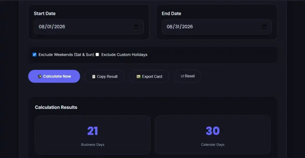 business days calculator free online tool with calander days