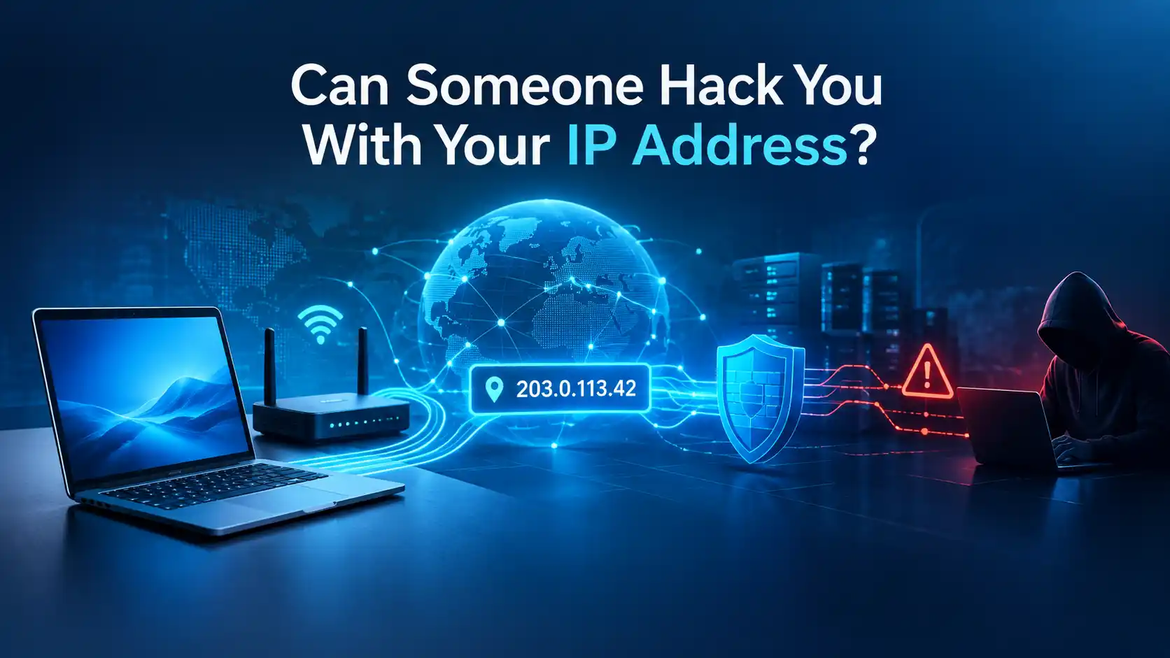 Laptop and router showing an exposed public IP address with network connections and cybersecurity threat visualization