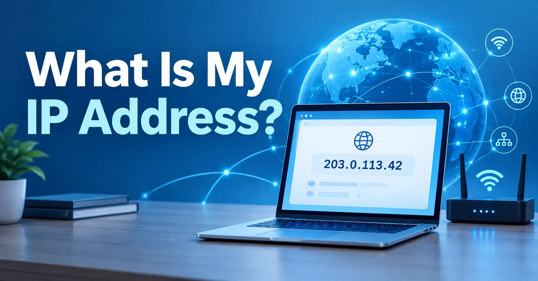 What Is My IP Address? guide showing a computer screen with an example IP address and internet network connections