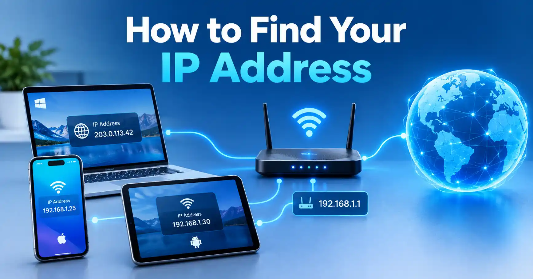 How to find your IP address on different devices including a computer, smartphone, tablet, and Wi-Fi router.