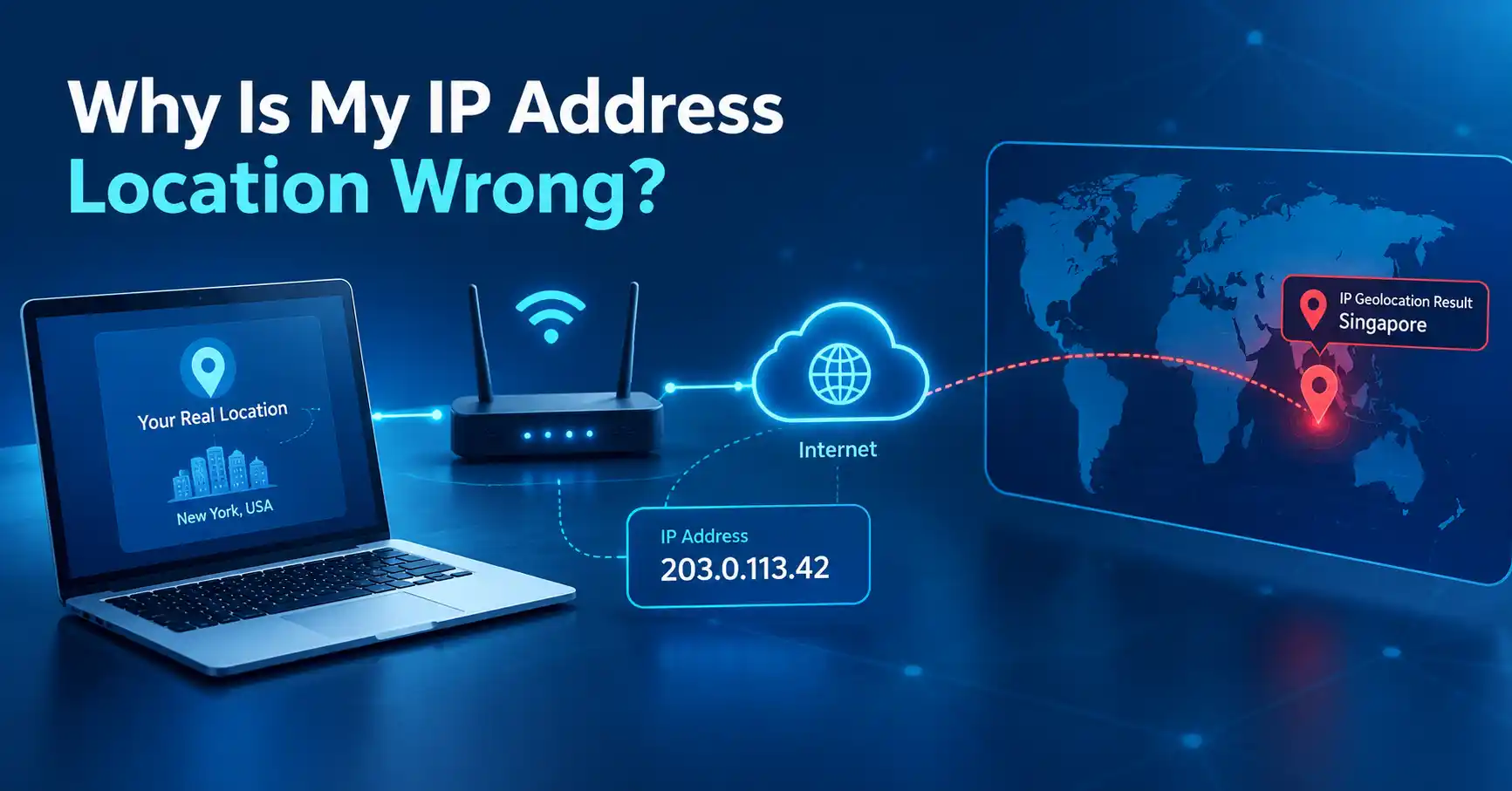 Why is my IP address location wrong showing an incorrect city on an IP geolocation map
